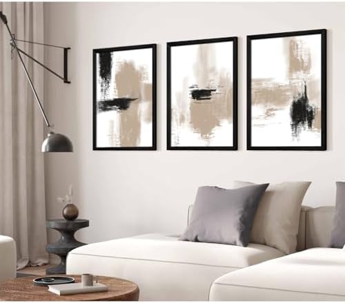 Beige Abstract Wall Art Painting Set of 3 Neutral Canvas Wall Art Prints Black - Image 3