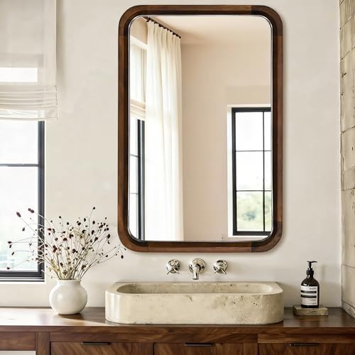 Wood Bathroom Mirror for Wall, Rectangle 20 x 30 inch Vanity Brown Mirrors - Image 4