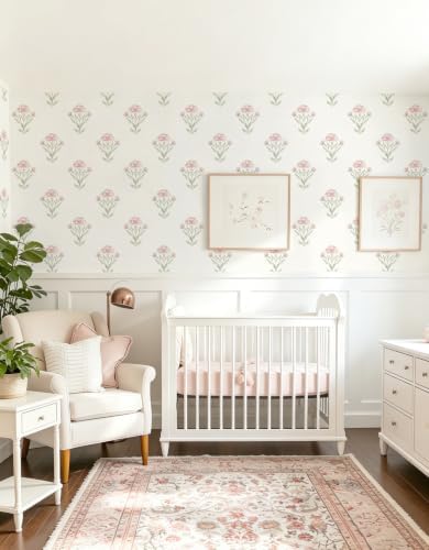 Safiyya Floral Peel and Stick Wallpaper Boho Removable Pink Green Girls Wall - Image 5
