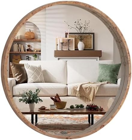WallBeyond 32 Inch Round Wood Mirror, Burlwood Grain Wood Frame Circle Mirror by WallBeyond