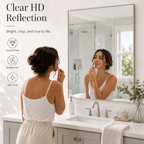 40"x30" Brushed Nickel Framed Rectangle Bathroom Vanity Wall Mirror - Image 3
