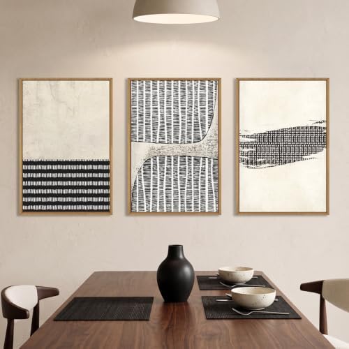 Aryroi Black Beige Abstract Minimalist Framed Canvas Wall Art Set-24"x36"x3 - Image 3
