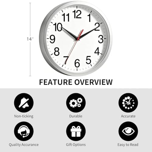 Rohioue Wall Clock Analog 14 Inch Silver Battery Operated Silent Clock - Image 3