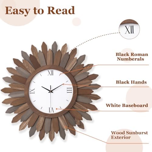 Honiway 24 Inch Large Wall Clocks Battery Operated Silent Rustic Wood Boho - Image 4
