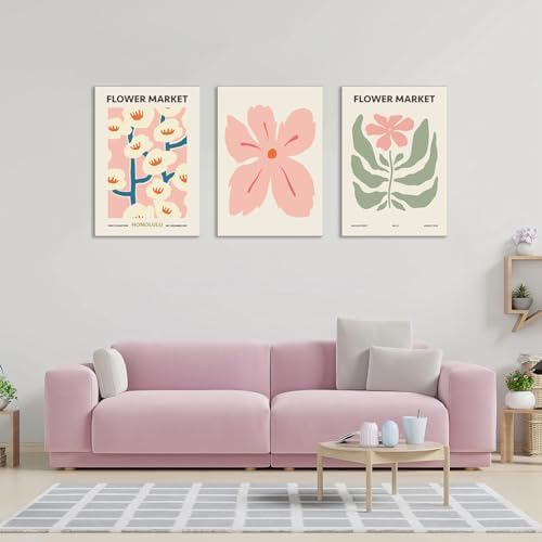 Yaneiro Pink Flower Market Wall Art Set of 3, Colorful Wildflowers Floral - Image 2