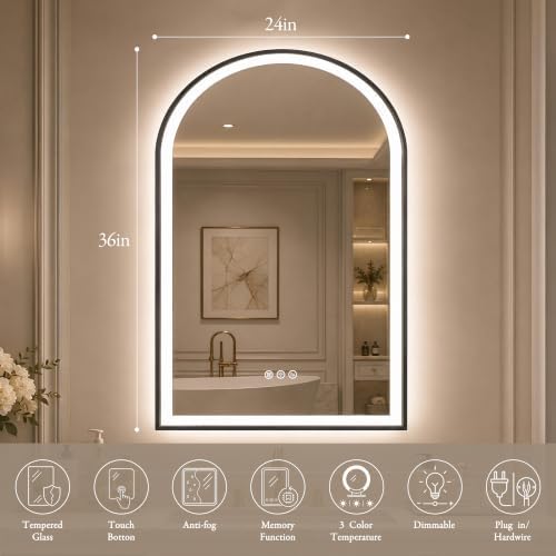 Saliwa Arched Mirror, Light Up Vanity Mirror 36"x24" - Image 2