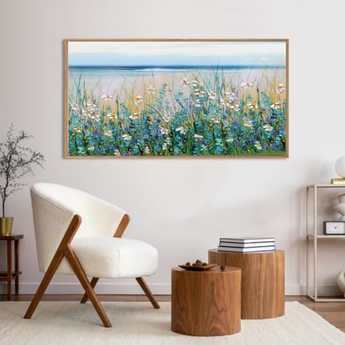 Large Blue Seaside Cyan Floral Wall Painting wildflower Blossom Art Framed - Image 7