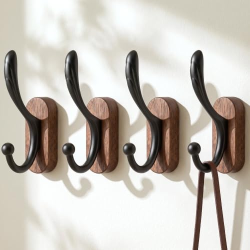 4 Pack Wall Mounted Coat Hooks, Walnut Wood & Black Metal Double Hooks by POZEAN