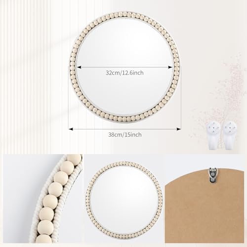 15 Inch Boho Beaded Round Mirror Wall Decor, Decorative Hanging Circle Nursery - Image 4