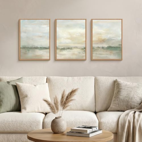LHIUEM Abstract Green Gray Pastel Framed Canvas Wall Art, Neutral Landscape - Image 2