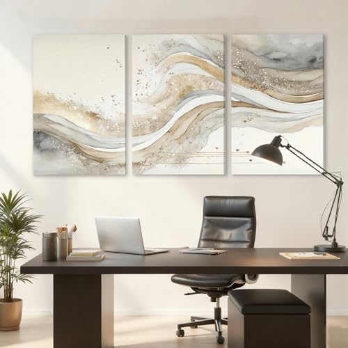 AVECCO Triptych Abstract Gold Grey Wave Wrapped Wall Art Canvas 24x36 Inch - Image 4
