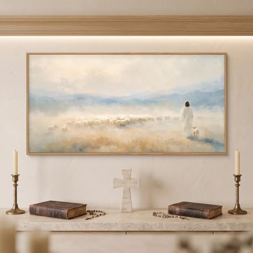 HOURIA Christian Jesus The Good Shepherd Framed Canvas Wall Art Set, Religious - Image 3