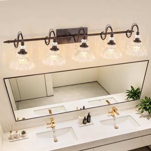 5-Light Oil Rubbed Bronze Vintage Bathroom Vanity Light w/Flower Shade - Image 3