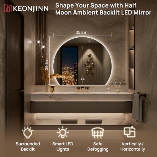 Keonjinn 36x30 Inch Half Moon Backlit Mirror, Shatter-Proof Tempered Glass - Image 2