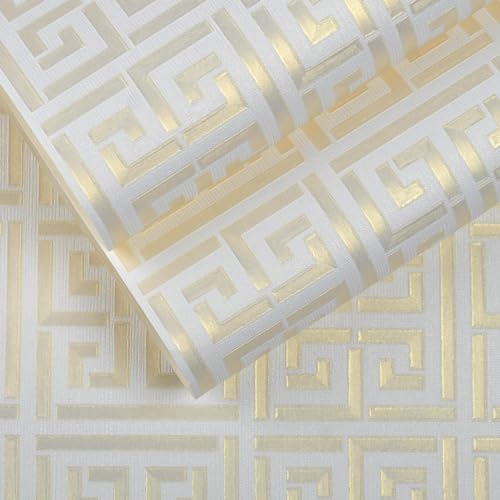 AMINAH DECO Greek Key Pattern Wallpaper 17.7"x236.0" Textured Metallic Gold on - Image 4