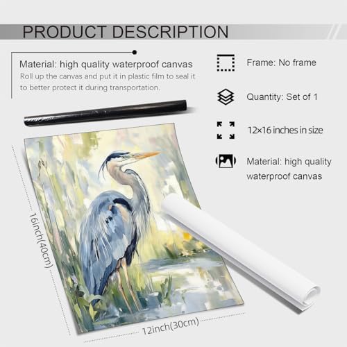 Blue Heron Canvas Wall Art Watercolor Sea Bird Poster Coastal Nature Wildlife - Image 2