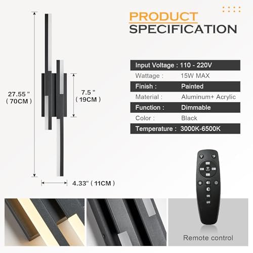 Benkut Modern LED Wall Sconce Black Remote Wall Light Fixtures - Image 4