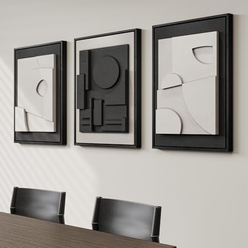 3D Textured Framed Black and White Abstract Wall Art Set of 3, 16x24 In - Image 4