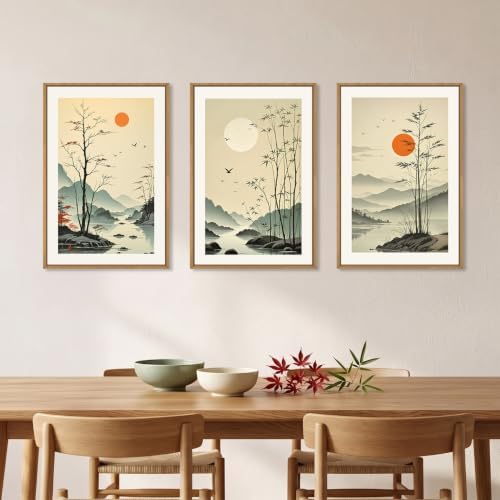Chinoiserie Bamboo Forest Framed Canvas Wall Art Set, Nature Tree Lakes Wall - Image 3