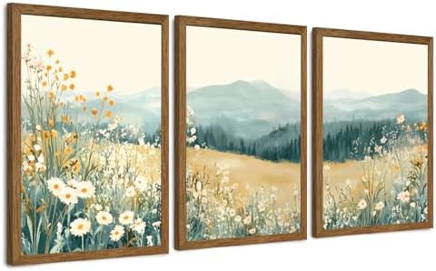 AVECCO 3 Pieces Wildflower Meadow Mountain Framed Canvas Wall Art 16x24 in by Unknown