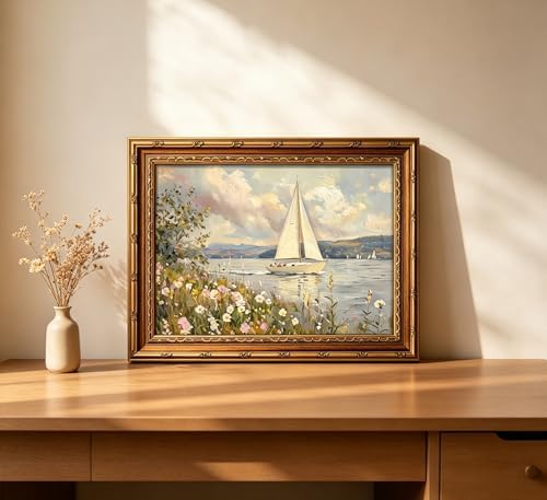 Vintage Gold Framed Coastal Landscape Wall art, Wildflower and Sailboat Oil - Image 6