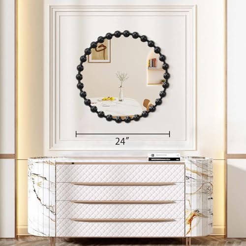 AAZZKANG Black Round Wall Mirror Metal Framed Beaded Mirrors Large 24" - Image 2