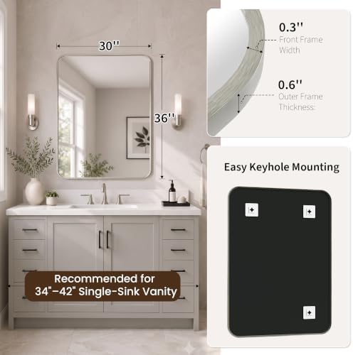 30x36 Inch Brushed Nickel Rounded Rectangle Bathroom Vanity Mirror - Image 2