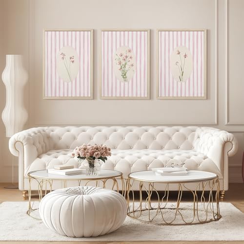Youillne Pink Flower Wall Art Striped Floral Prints Botanical Canvas Wall Decor - Image 7