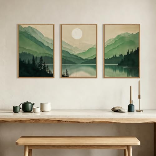Green Boho Mountain Lake Framed Canvas Wall Art Set-24"x36"x3 - Image 2
