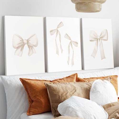 Preppy Bow Wall Art Decor Set of 3 Beige Coquette Wall Art Aesthetic Canvas - Image 3
