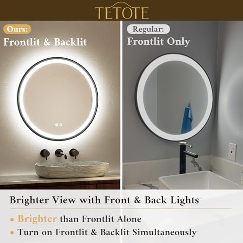 TETOTE Round Led Lighted Bathroom Mirror Matte Black Frame 30 Inch Front and - Image 3