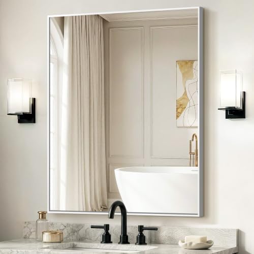 Delma Bathroom Vanity Mirror, 36x30 Silver Metal Framed Mirror by Delma