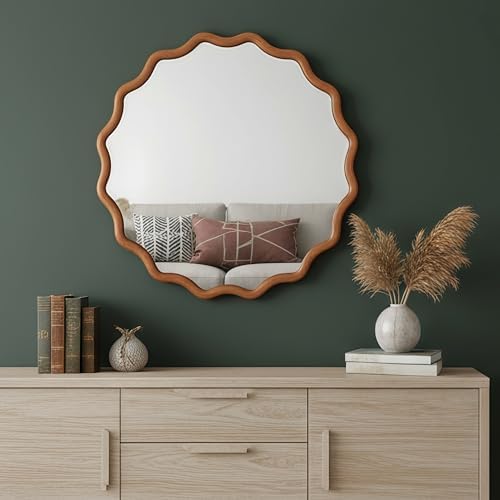 GDFStudio 36 Inch Wavy Round Solid Wood Frame Mirror, Bohemian Decorative Wall - Image 5