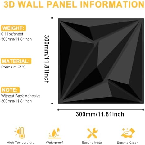 33-Pack 3D Wall Panels Black for Interior Wall Decor, Waterproof PVC Diamond - Image 5
