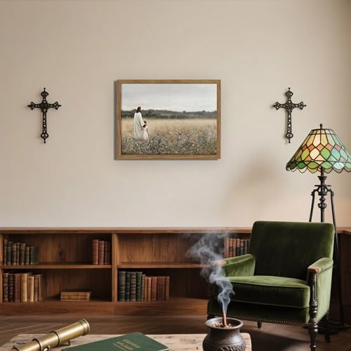 Framed Christian Wall Art Jesus and Girl, Vintage Flower landscape Jesus Wall - Image 2