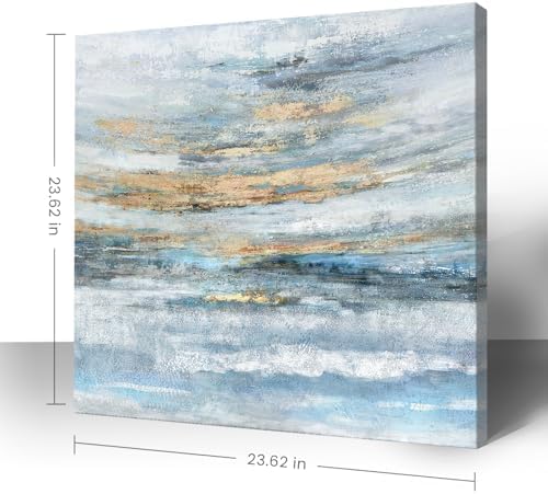 Abstract Canvas Wall Art Framed Light Blue Canvas Print Coastal Theme Artwork - Image 3