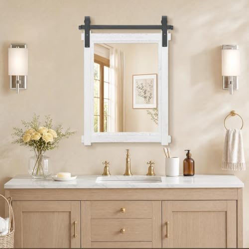 Besdomus Rustic Bathroom Vanity Mirror: 22"x30" White Farmhouse Barn Door - Image 5