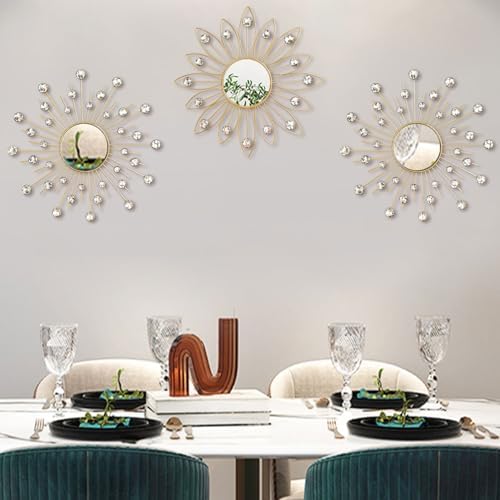 Uaussi 3 Pack Crystal Sunburst Wall Mirror Décor Rhinestone Mirrors Decorative by Uaussi