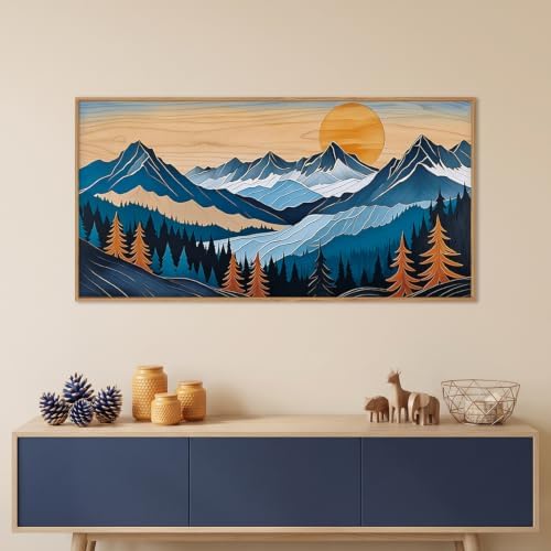 Boho Vintage Mountain Framed Canvas Wall Art Set, Woodcut Pine Tree Landscape - Image 2