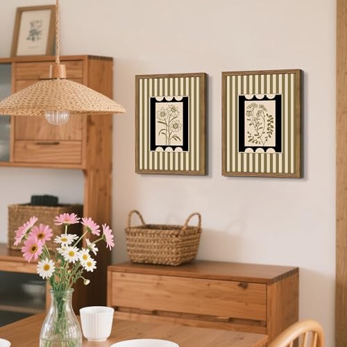 Framed Vintage Botanical Wall Art Set of 2, Olive Green Striped Floral Line - Image 7