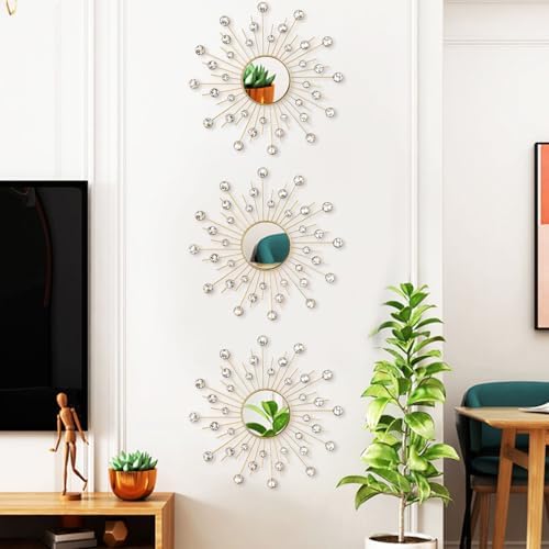 Uaussi 3 Pack Crystal Sunburst Wall Mirror Décor Rhinestone Mirrors Decorative - Image 4