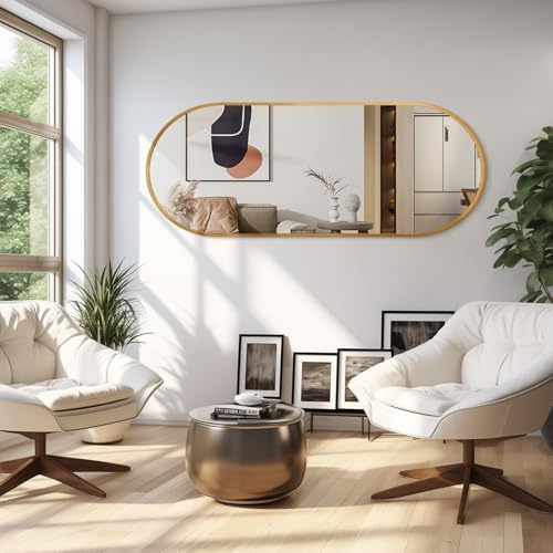 JJUUYOU Oval Full Length Bathroom Mirror Wall Mounted Mirror Gold Metal Mirrors - Image 4