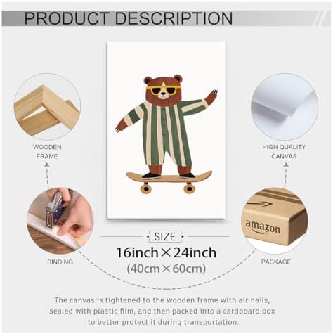 Cool Skateboarding Bear Wall Art Funny Cute Animal Canvas Poster 16x24 inch - Image 2