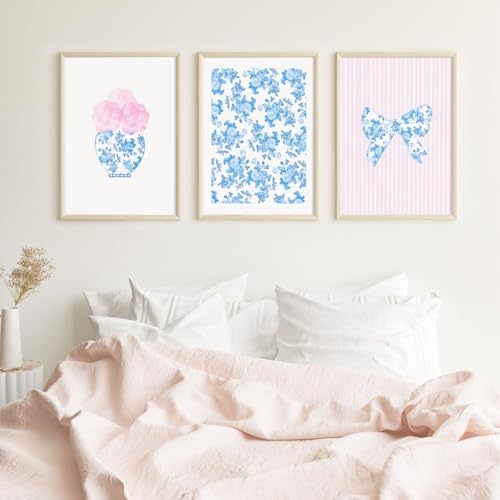 Pink Blue Flower Wall Art Bow Chinoiserie Canvas Wall Art Decor Watercolor - Image 6
