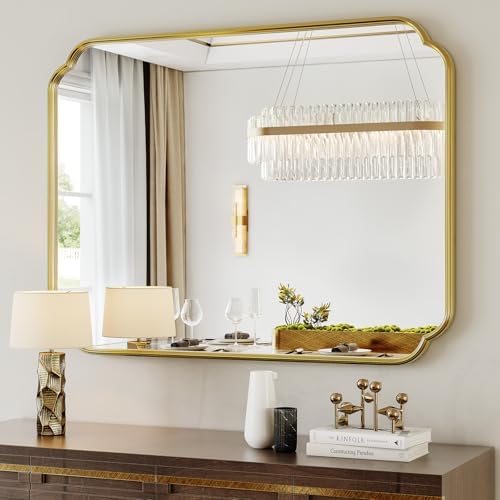 Gold Bathroom Mirror, 30” x 40” Scalloped Rounded Corner Rectangle Wall Mirrors - Image 2