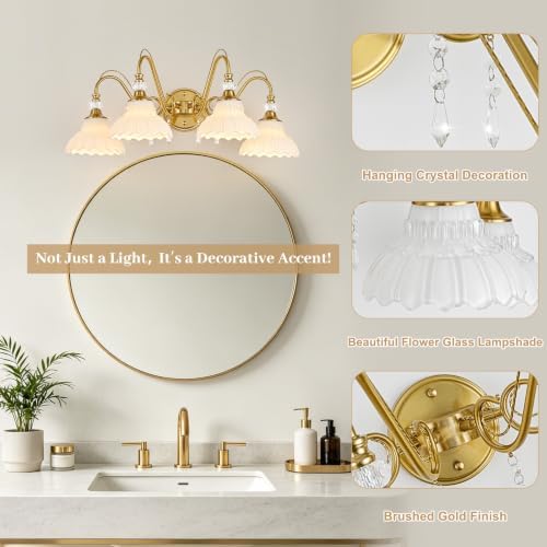 Vintage Bathroom Vanity Light, 4-Light Brushed Gold Finish Wall Sconce - Image 3