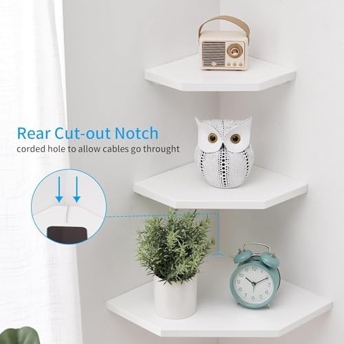 Corner Wall Shelves Set 2 Wire Hole Solid Oak Wood Display Shelf - Image 4