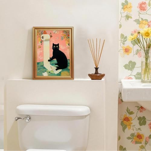 ICHZUMW Gold Framed Funny Black Cat Toilet Paper Canvas Wall Art, 8x10 In - Image 3