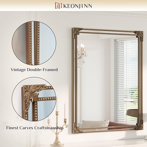 Keonjinn 48x36 Inch Gold Antique Vintage Mirror, Brass Baroque Mirror - Image 7