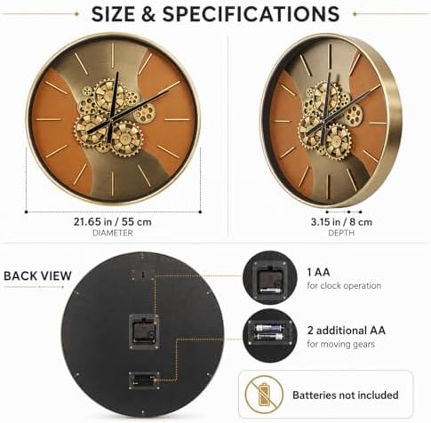 21.65 Inch Moving Gear Wall Clock, Battery Operated Steampunk Industrial Large - Image 4